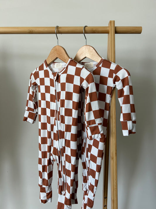 Brown and White Checkered Bamboo Zip Romper